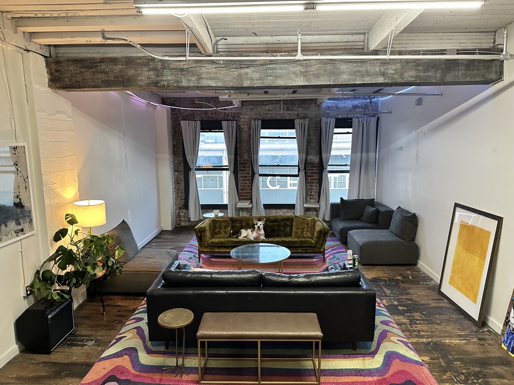 Seating area with sofas, a lamp and plants under the wood beams