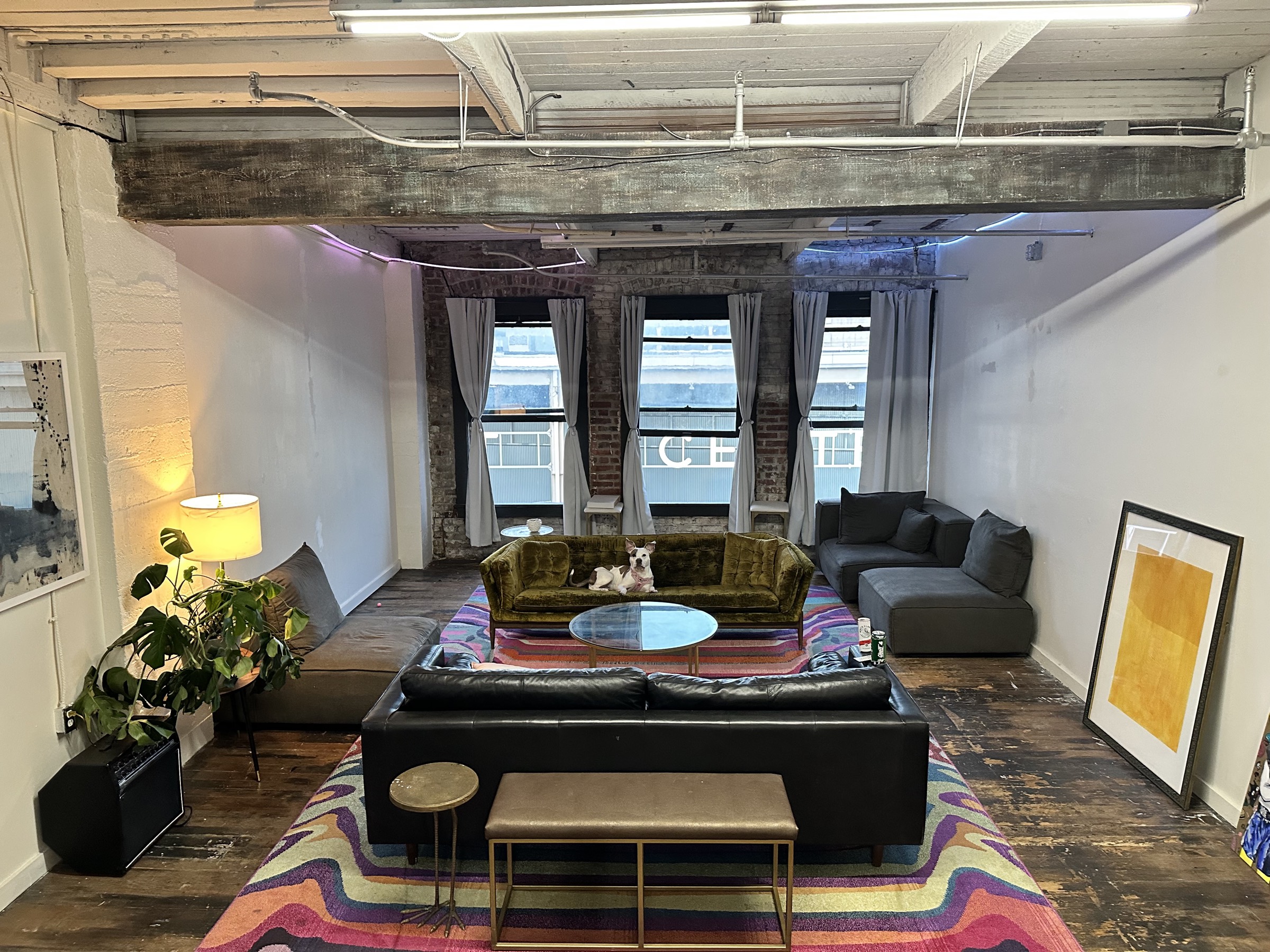 Seating area with sofas, a lamp and plants under the wood beams