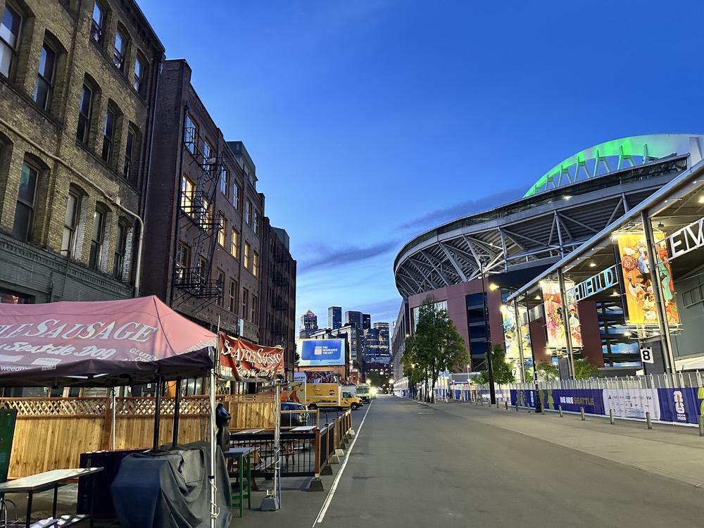 Occidental Ave S at dusk, looking toward Lumen Field